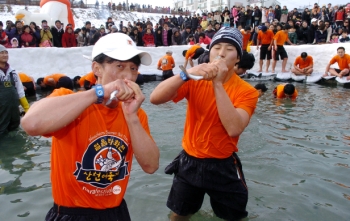 산청어축제장에서 관광객들이 맨손으로 산천어를 잡는 이벤트에 참여하고 있다